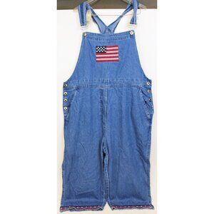 Asazy American Denim Overalls Women sz XL USA Flag Cross Stitch Embroider